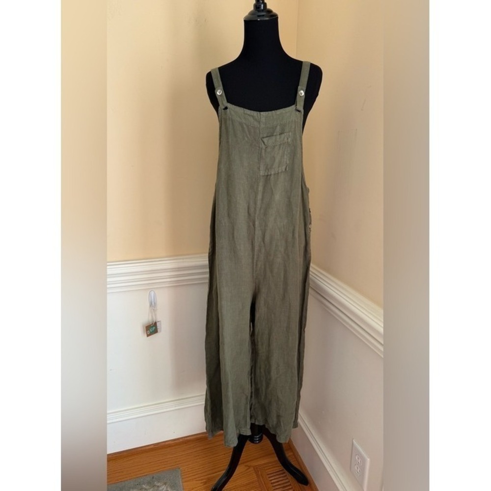 Fenini Olive Green 100% Linen Wide‎ Leg Overalls Jumpsuit Size Small